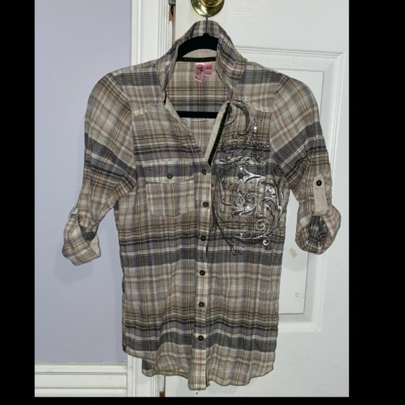 Women's Small/S tan & brown rhinestone button up flannel, long sleeve, shirt, - Picture 1 of 4